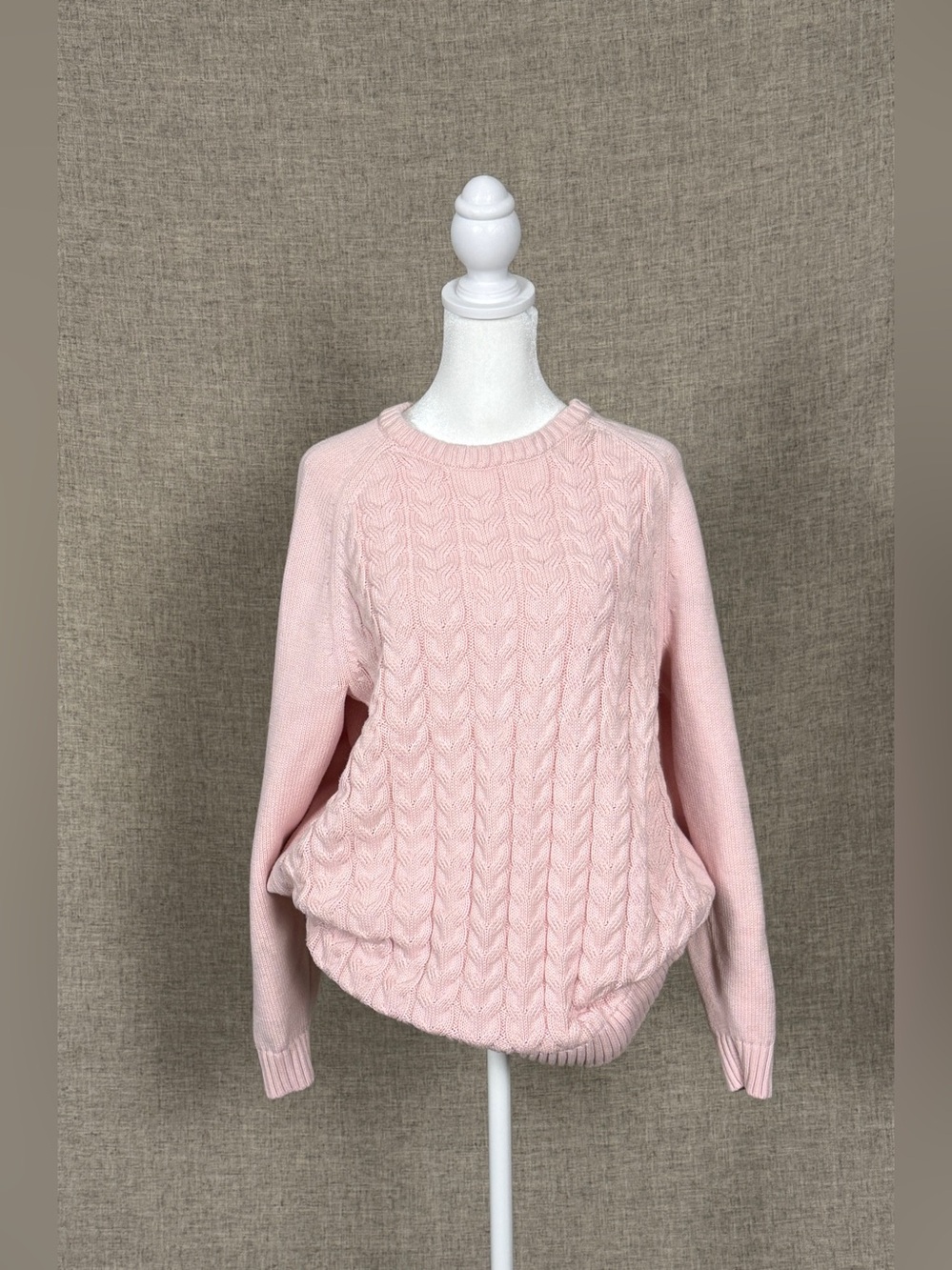 Lands' End Drifter 100% Cotton Light Pink Cable Knit Crewneck Sweater